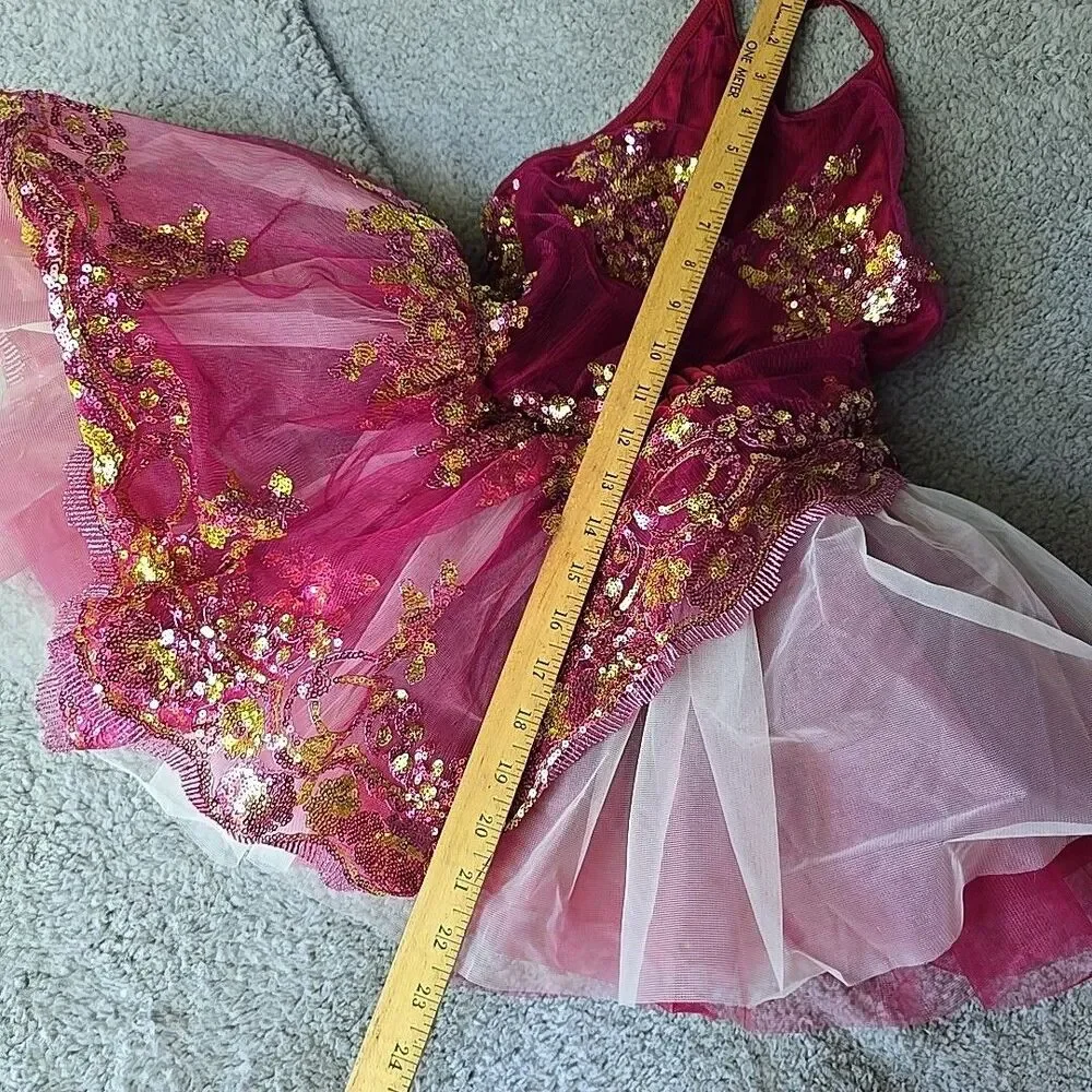 Ballet Dance Fairy Costume Revolution Fucia Maroon Large Child Gold Pink Sequens